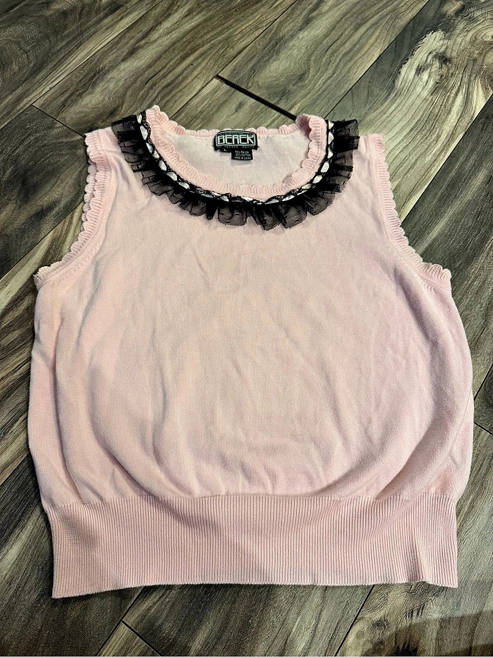 Vintage Berek Pink Knit Vest Black Lace Ribbon Collar L
